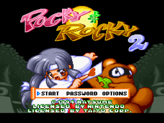 Pocky and Rocky 2 title screen for Super Nintendo